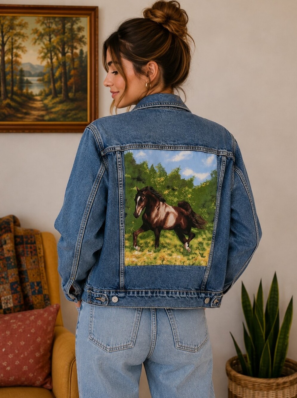 Reworked Denim Jacket With Western Horse Patch